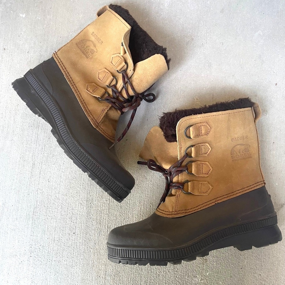 Sorel Badger Boots Winter Snow Duck Womens 10 Tan Black Brown Fleece Lined